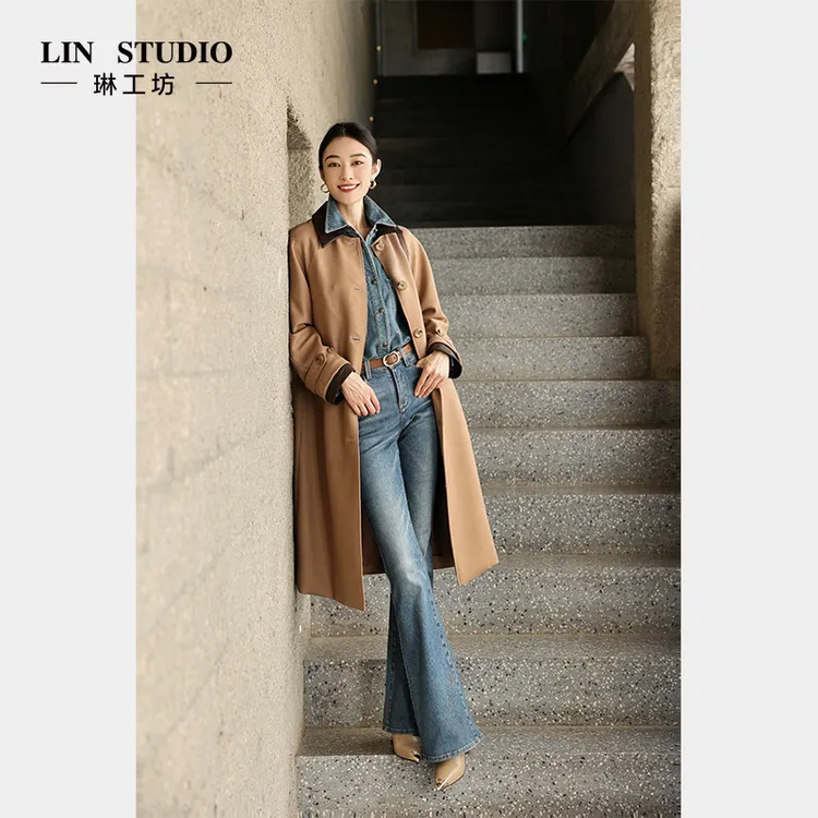 【小羊皮+绵羊毛 可替换领子袖口 可3穿】琳工坊“子青”驼色风衣气质