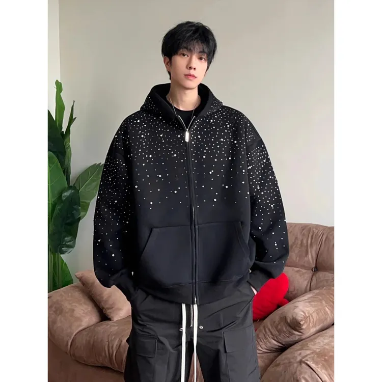 小众满天星重工烫钻开衫卫衣男秋季设计感连帽衫美式cleanfit外套