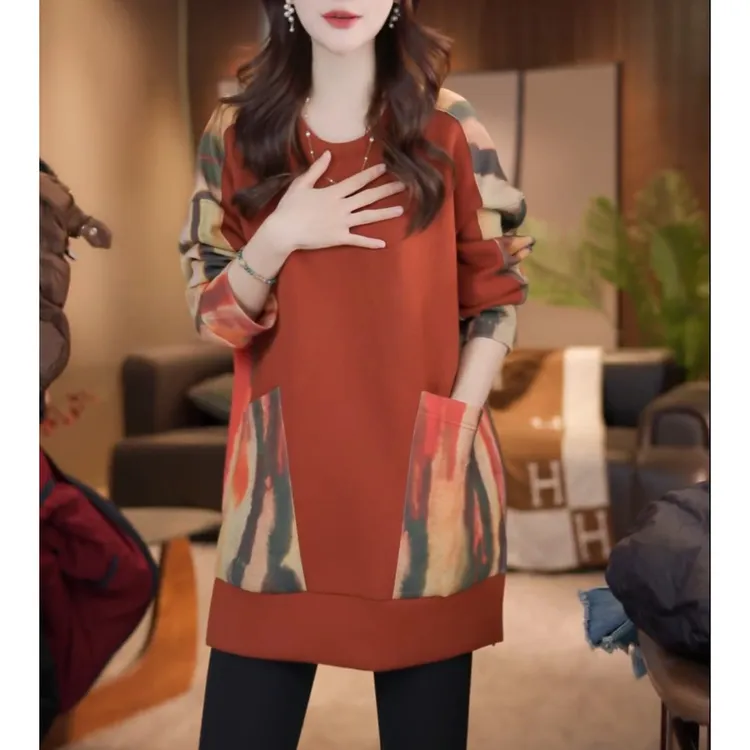 2025秋冬新品时尚宽松中长款印花上衣女优雅气质高级百搭休闲卫衣