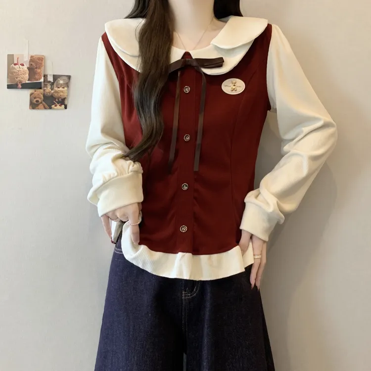 大码女装学院风甜美假两件拼接衬衫女微胖MM显瘦遮肉磨毛加厚上衣
