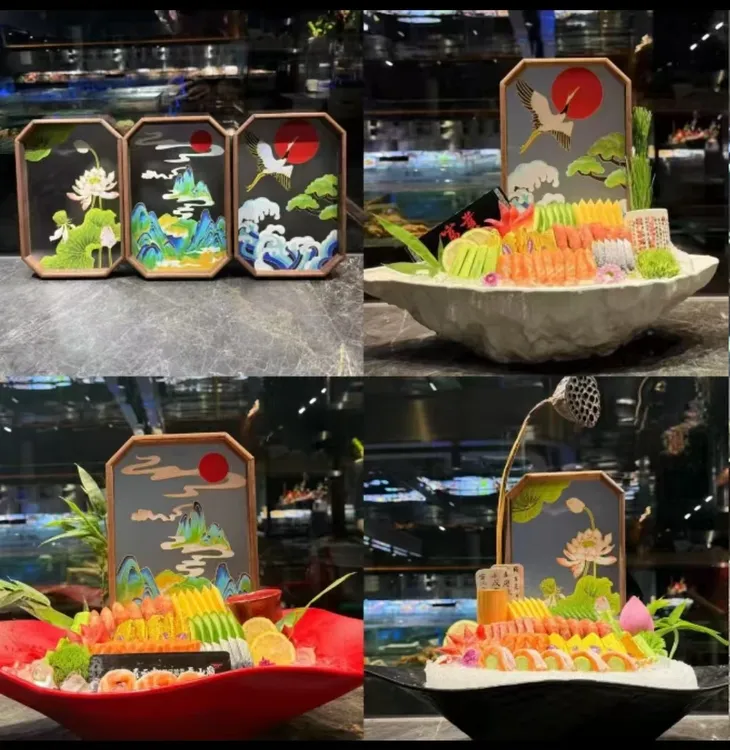 海鲜姿造摆盘装饰品中式荷花背景盘刺身摆盘背景盘刺身拼盘装饰