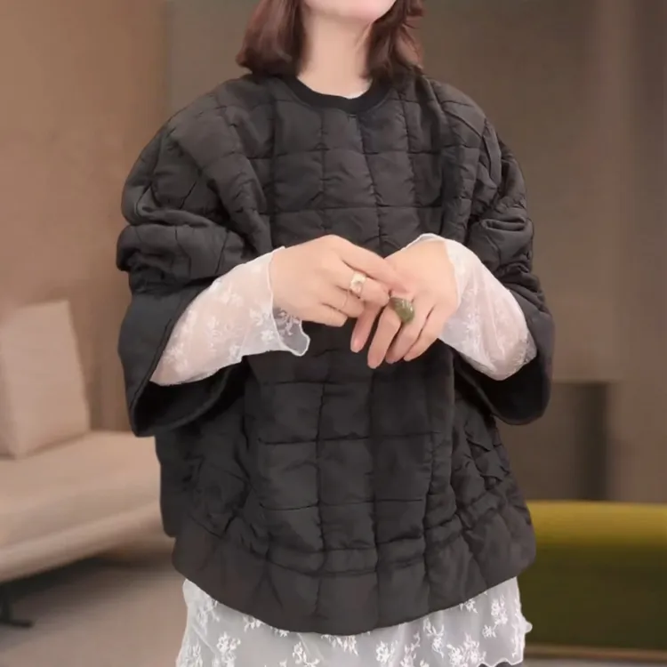 秋冬新款圆领方格薄款棉服韩系慵懒风松弛感显瘦遮肉长袖大码外套