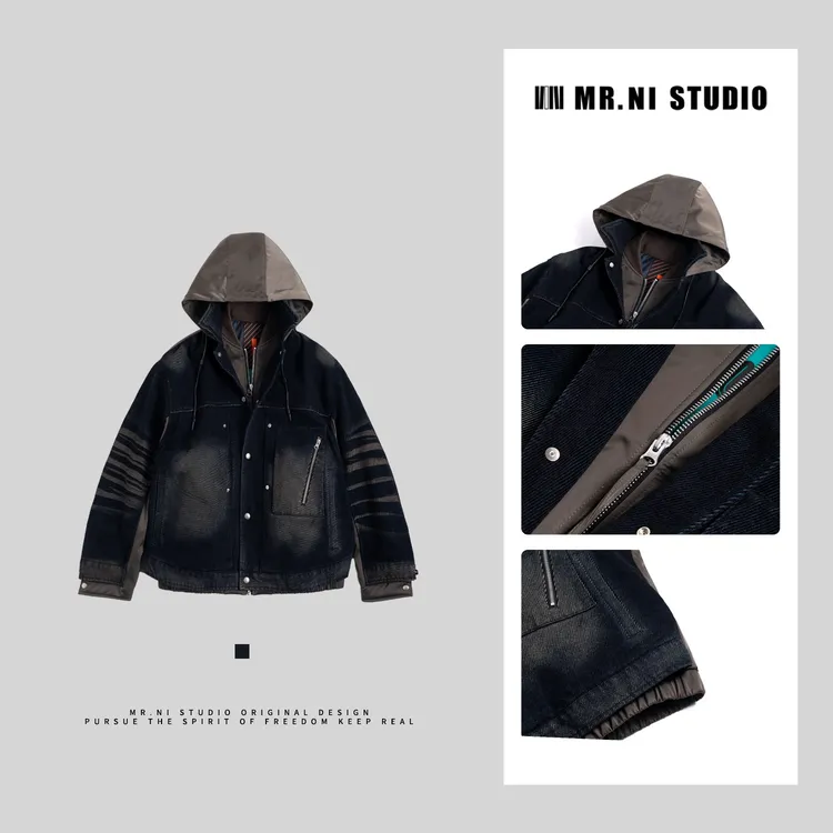 MR.NI/倪先生「行走荷尔蒙」3D虎斑纹牛仔拼接假两件连帽派克羽绒服