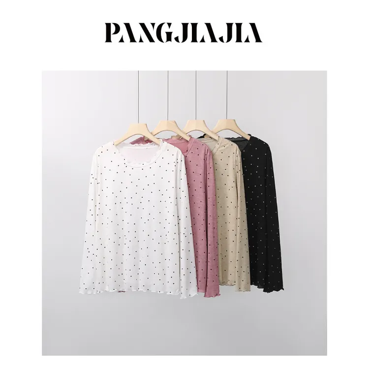 【胖佳佳】现货~糯米波点 木耳边长袖T恤秋季气质百搭H625Z16045