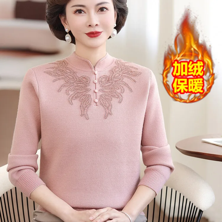 妈妈装秋冬装新款40-50岁加绒加厚毛衣中老年女春秋洋气上衣内搭