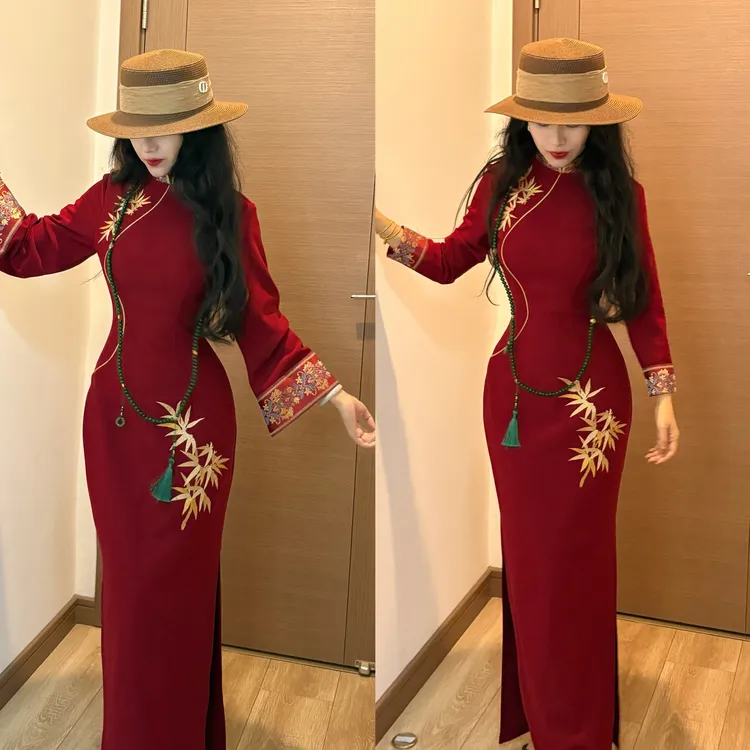 LHMknk1画报夫人原创自制中式弹力西装刺绣显瘦黑金旗袍 金边红竹