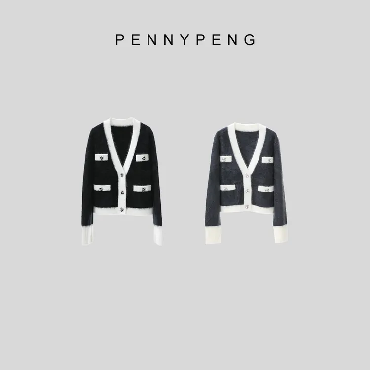 PENNYPENG沿海公路早春时尚洋气百搭两色轻奢羊绒拉毛开衫小香风