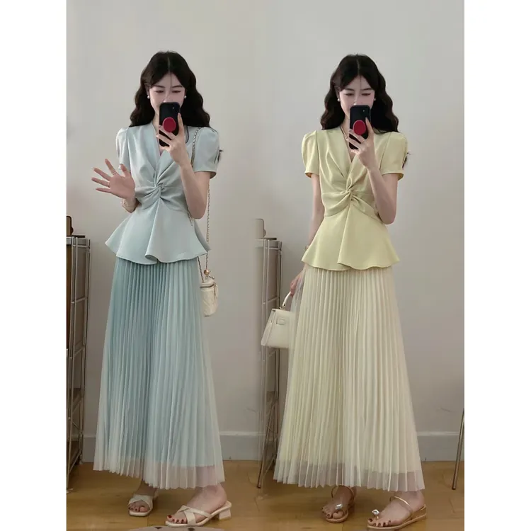 大码 时尚名媛气质显瘦翻领上衣女神高端长裙套装两件套