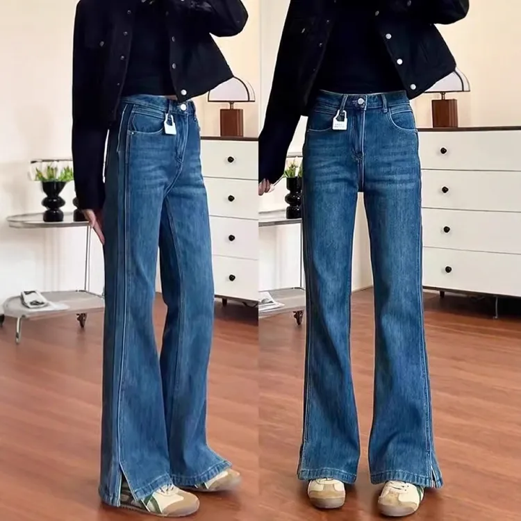 深蓝色开叉微喇牛仔裤女2025年秋季大码胖mm高腰弹力显瘦直筒裤子