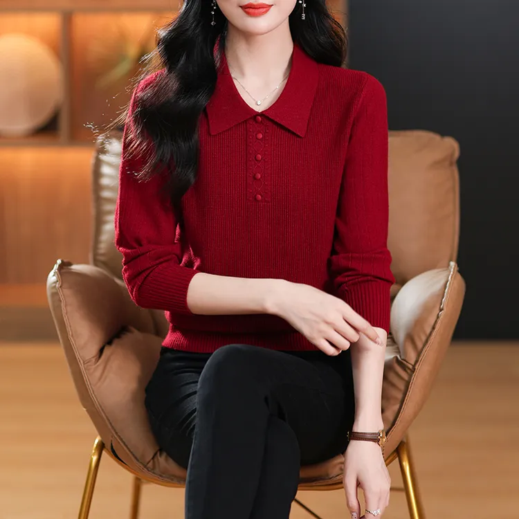 春秋POLO领针织衫上衣女洋气长袖打底衫时尚中年妈妈外穿内搭毛衣