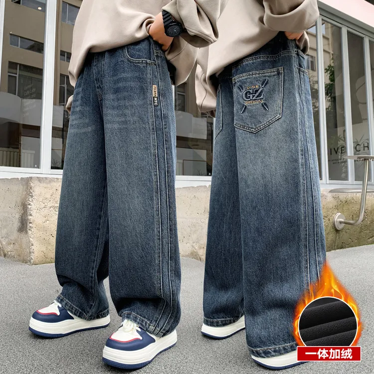 男童加绒裤子秋冬中大童一体绒牛仔裤2025新款儿童冬装休闲裤男孩