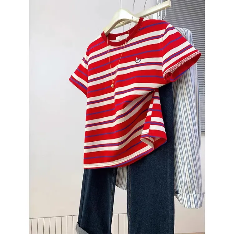 胖妹妹大码240斤红色条纹短袖t恤女2025新款夏季小众宽松休闲上衣