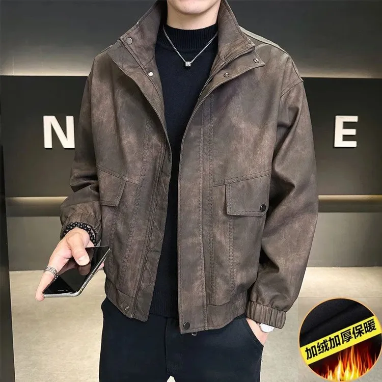 美拉德复古加绒皮衣夹克男秋冬季新款潮流高档机车风痞帅休闲外套