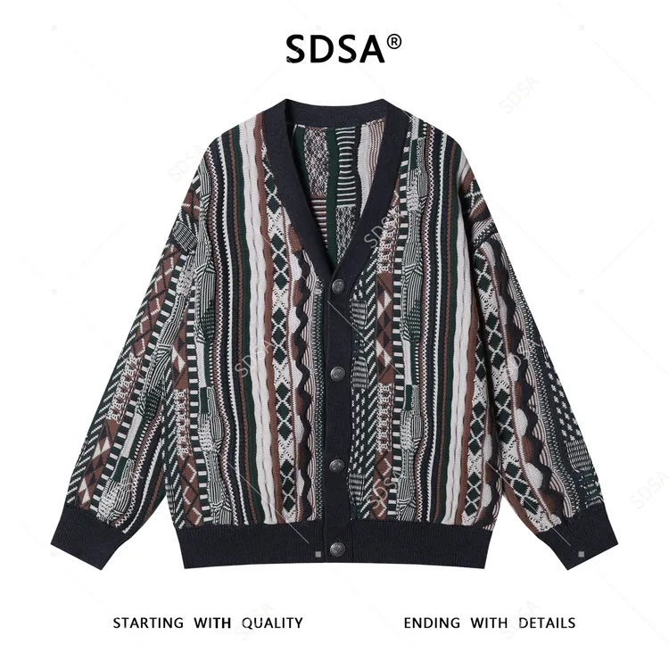 SDSA秋冬新款痞帅男装韩版撞色竖纹纽扣V领针织衫百搭开衫毛衣