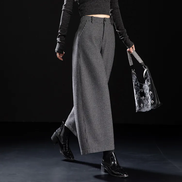 毛呢裤秋冬加厚休闲裤九分裤千鸟格阔腿裤加绒裤子弯刀裤2025新款