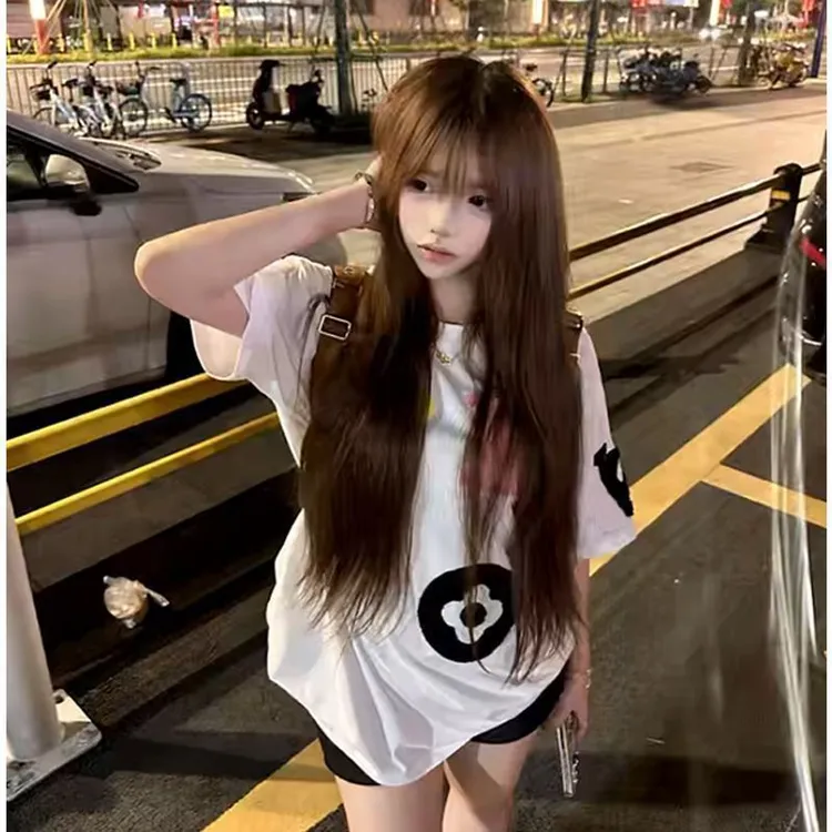 NASA ROAD夏季新款美式复古字母植绒刺绣短袖T恤女百搭情侣上衣服