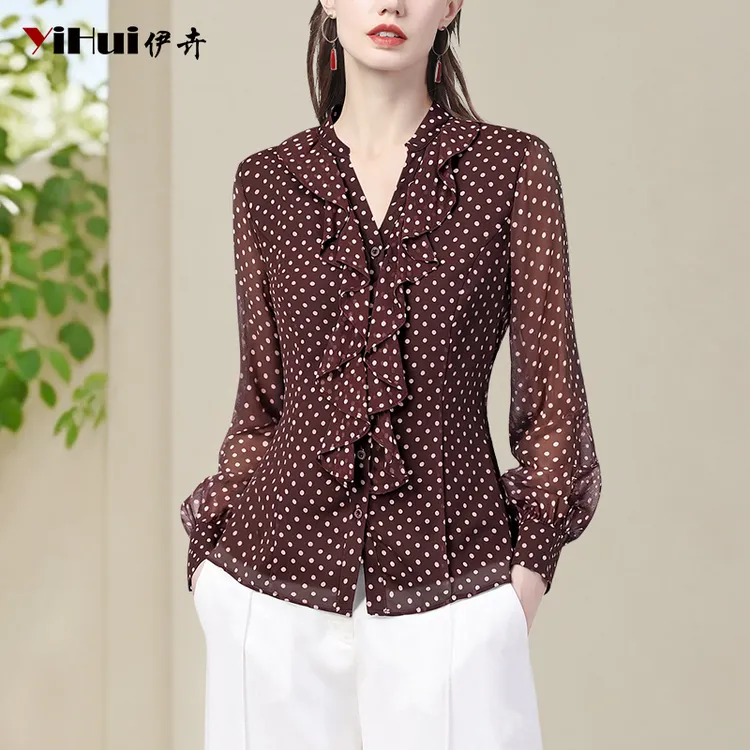 YIHUI伊卉雪纺衫女士长袖春秋季波点荷叶领百搭显瘦碎花SF256628