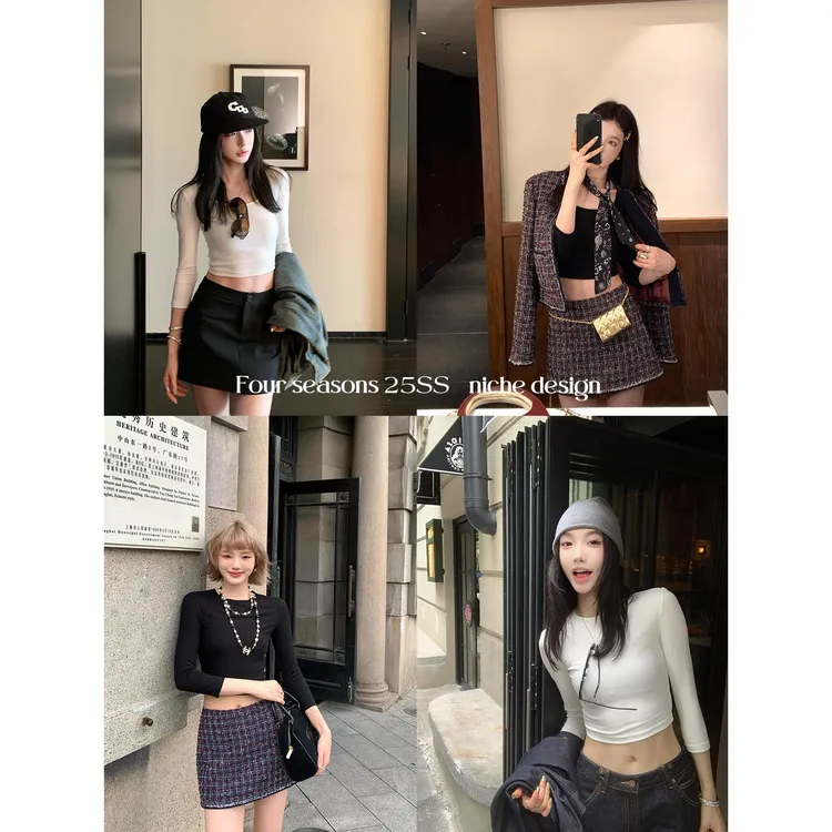 区区欧阳 多色针织长袖T恤女秋季弹力内搭打底衫修身辣妹短款上衣