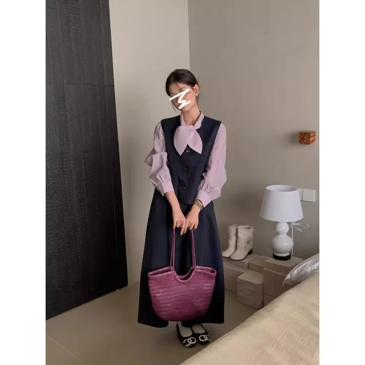 韩系气质套装系带长袖衬衫背心马甲两件套女装秋季A字花苞半身裙
