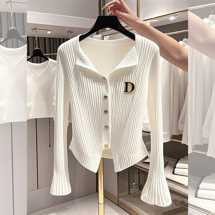 秋季女装2025新款时尚气质针织单排扣半开领开衫设计显瘦长袖上衣