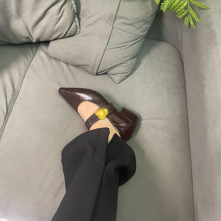 法式粗跟魔术贴浅口单鞋女2025春秋新款尖头洋气百搭玛丽珍小皮鞋