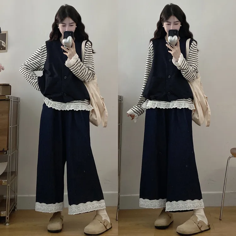 大码胖mm女装条纹花边拼接长袖+马甲+阔腿裤显瘦三件套套装女