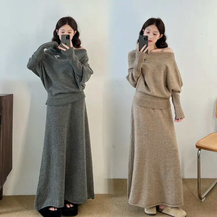 【焦糖饼干】大码女装秋冬休闲针织上衣女斜肩气质显瘦半身裙套装