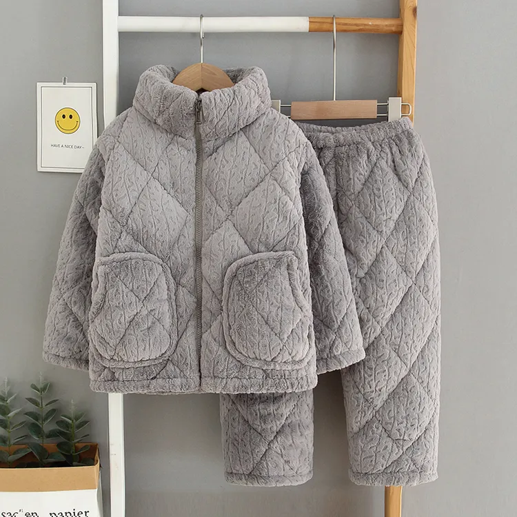 儿童睡衣男童女童冬季加厚款珊瑚绒三层夹棉亲子法兰绒家居服套装