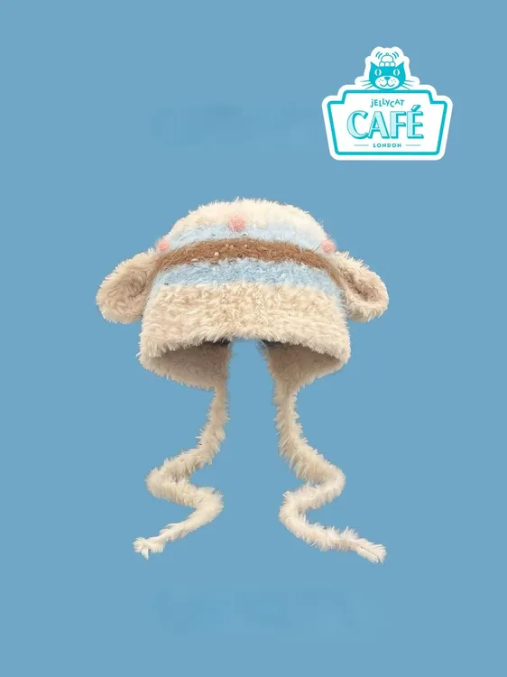 日系可爱小羊耳朵毛绒条纹针织帽子女秋冬辫子护耳毛线帽雷锋帽潮