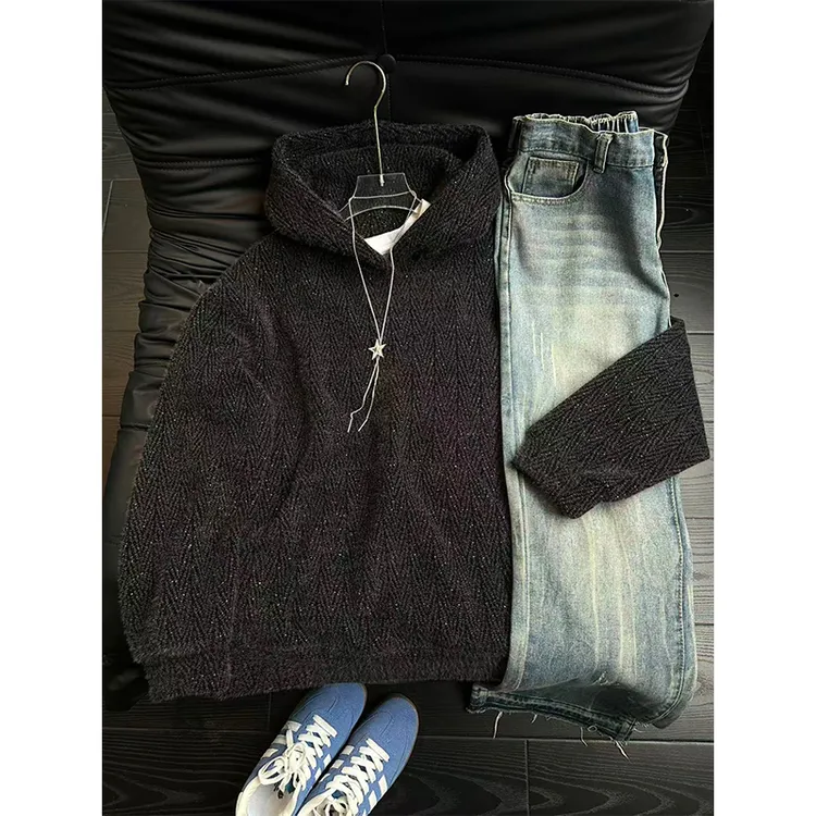 美式针织满天星连帽卫衣男秋冬休闲上衣复古套头宽松cleanfit外套