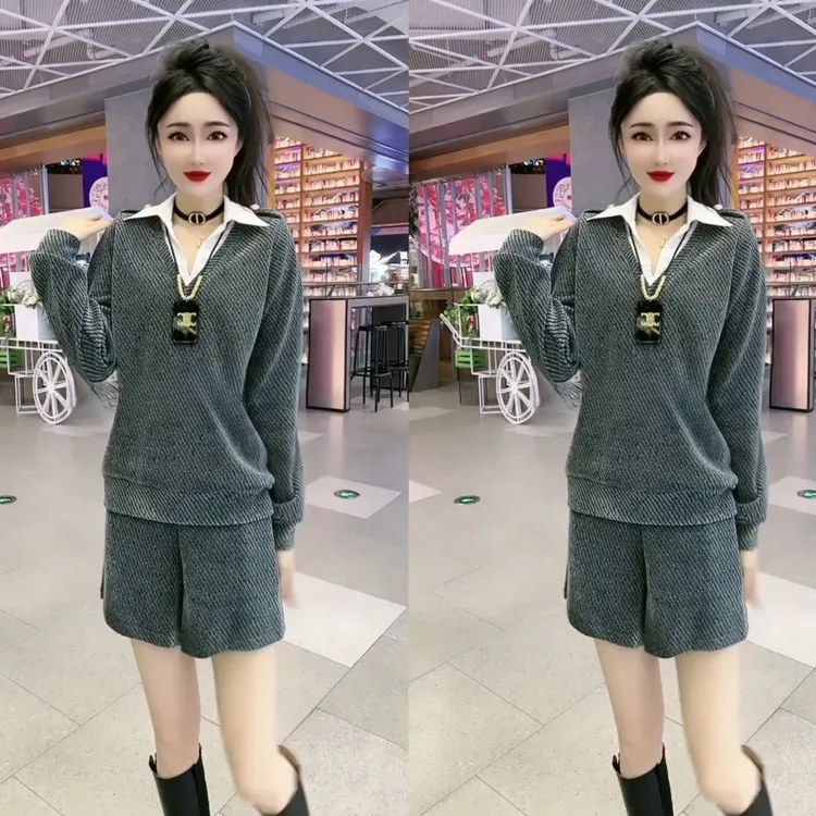2025网红爆款春秋季新款时尚休闲显瘦条纹小衫短裤二件套装女士