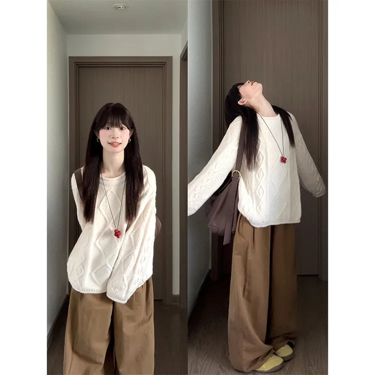2025新款女士早秋季慵懒风麻花圆领宽松针织毛衣高腰宽松阔腿裤