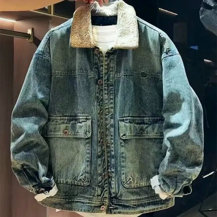 冬季美式复古加绒加厚保暖工装牛仔外套男夹克羊羔绒潮流帅气棉袄