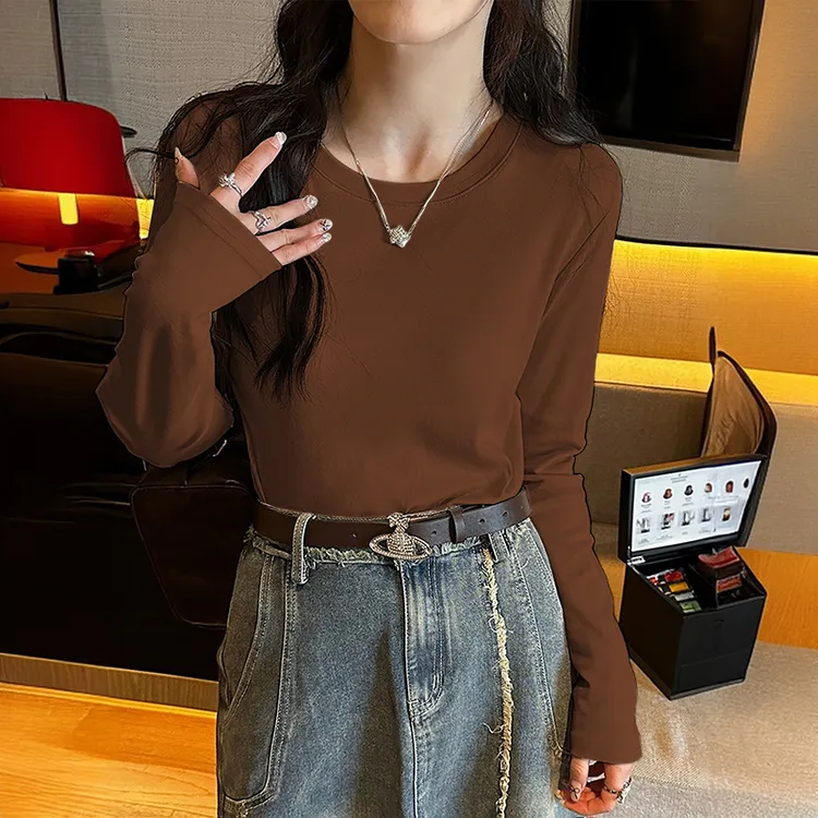 高级感修身圆领打底衫女2025春季新款百搭显瘦洋气长袖内搭上衣