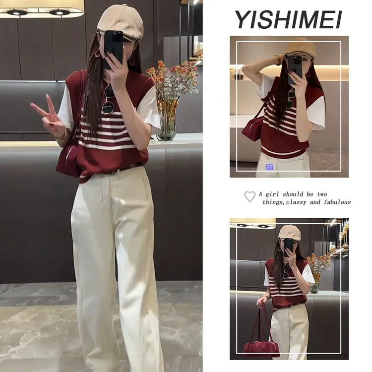 夏季时尚穿搭2025年新款韩系气质百搭假两件短袖上衣牛仔裤两件套