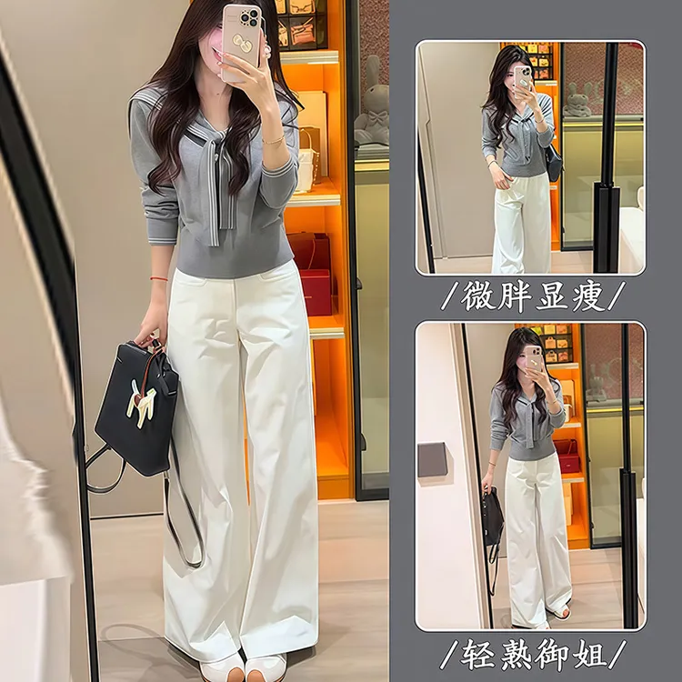 早秋减龄时尚百搭学院风穿搭小众海军领长袖针织衫显瘦拼接女上衣