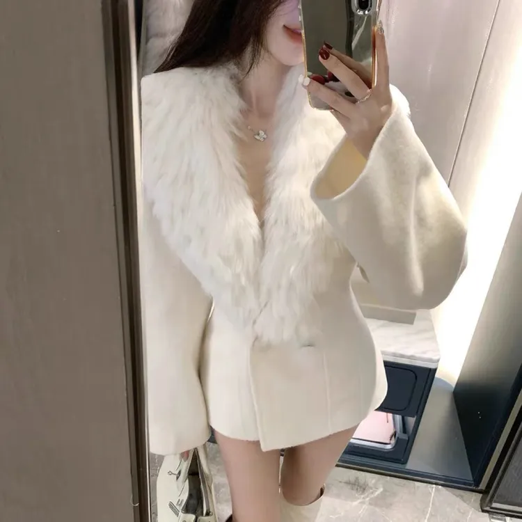 狐狸毛领双面羊毛大衣小蛮腰修身款加厚