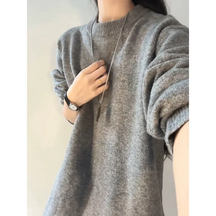 cleanfit灰色重磅圆领毛衣男秋季美式慵懒宽松休闲针织内搭打底衫