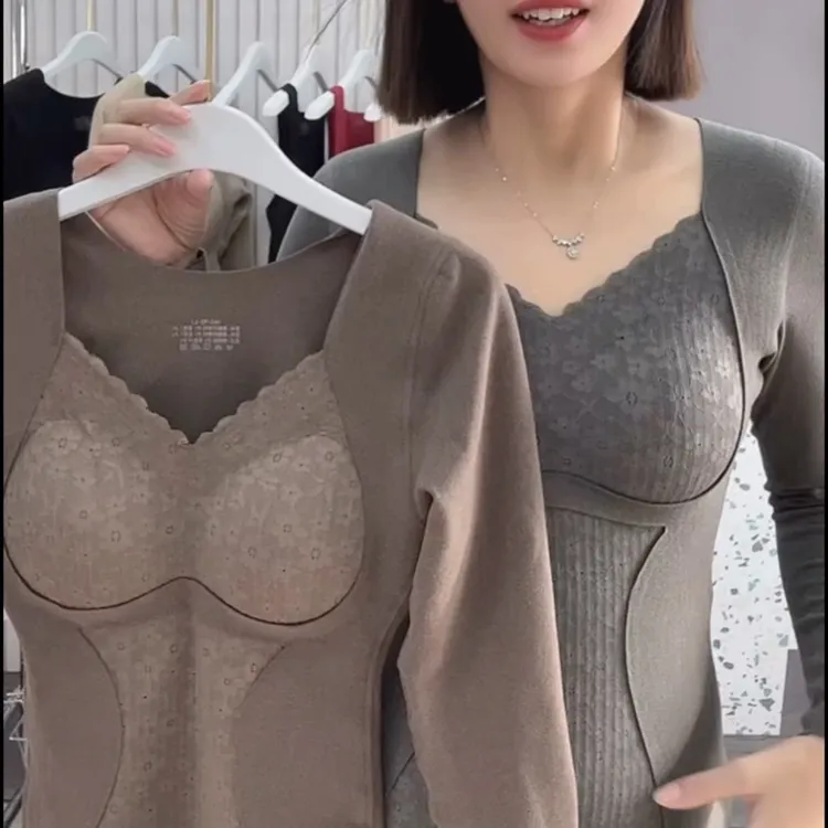 保暖内衣女士套装秋衣秋裤上衣带胸垫可拆卸厚款领超弹大码加厚