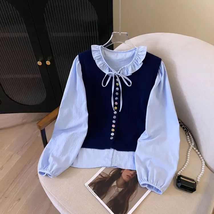 甜美两件套装花边系带圆领长袖衬衫女彩扣针织马甲春新款叠穿上衣