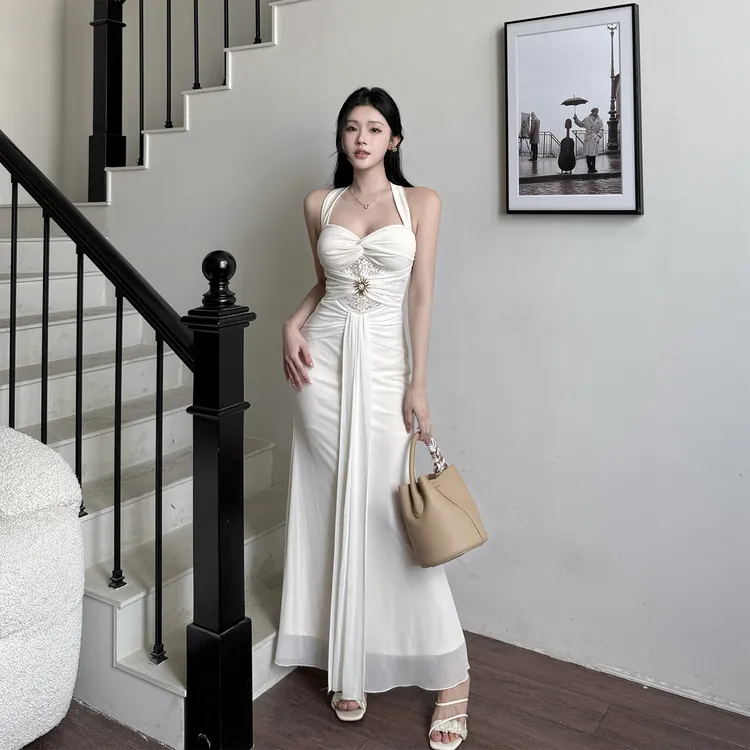 小可WIWI法式气质高级希腊女神收腰鱼尾挂脖外穿晚礼服收腰包臀裙
