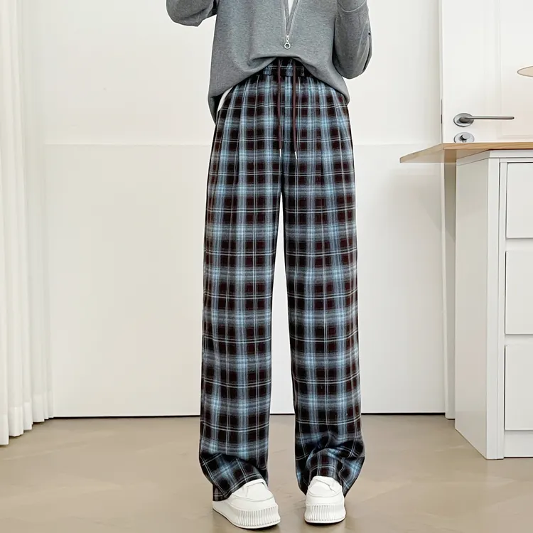 格纹直筒裤垂感休闲裤女秋季新款胖mm大码显瘦宽松阔腿裤拖地长裤