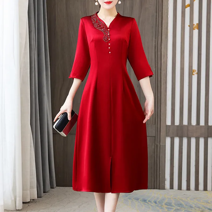 红色礼服连衣裙女2021夏季新款中国风大气婚宴妈妈装长裙子中长款