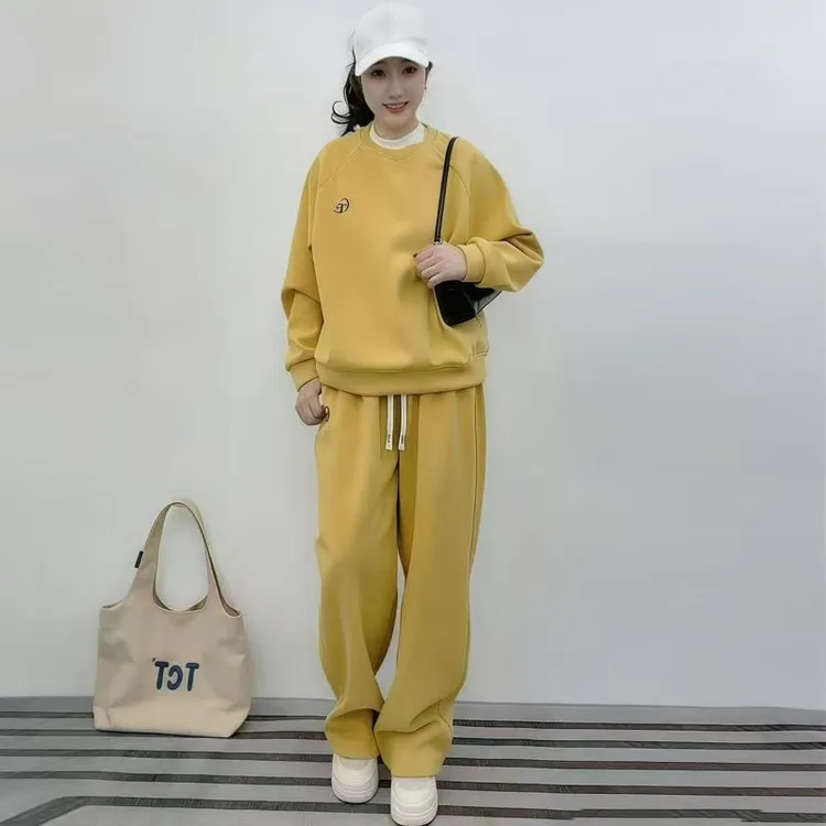 2025秋冬新款韩版宽松休闲简约百搭刺绣加绒连帽套头两件套套装女