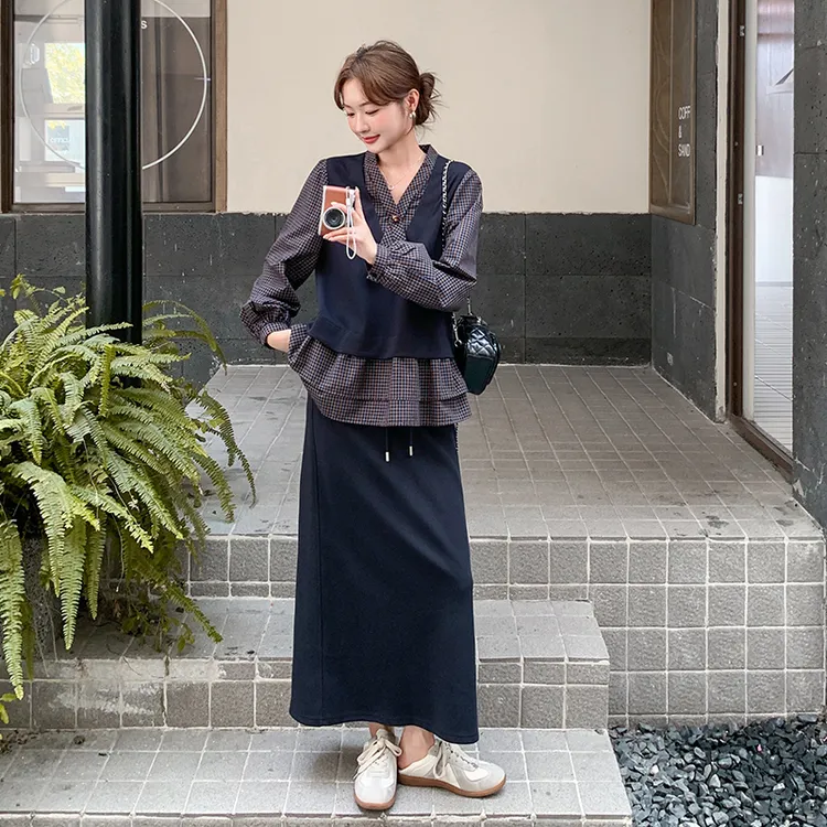 韩系格纹拼接假两件衬衫套装女2025秋季新款百搭休闲半身裙两件套