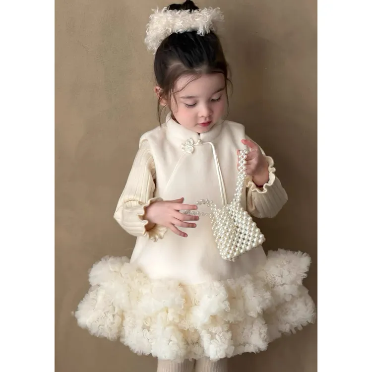 女童新款2025冬新中式女宝宝中国风盘扣洋气背心加绒旗袍蓬蓬裙