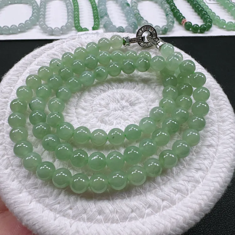 天然A货翡翠卡7.1mm老坑糯冰种水润浅绿圆珠多圈女士手串项链
