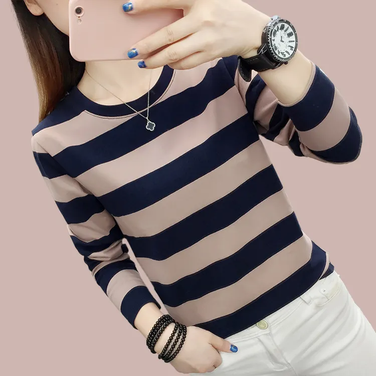 棉质长袖t恤女新款秋装气质上衣大码宽松条纹中年妈妈打底衫内搭