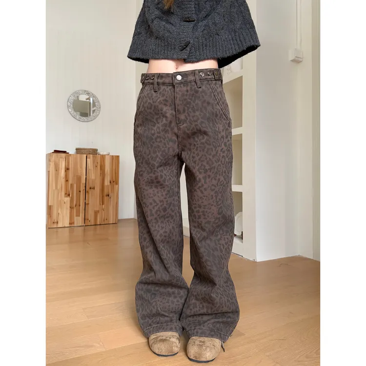 川川也家豹纹牛仔裤宽松直筒辣妹加绒保暖长裤ins复古裤子秋冬