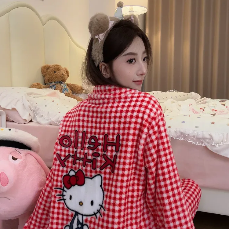 HelloKitty睡衣女秋冬季珊瑚绒日系红色格子学生法兰绒家居服套装